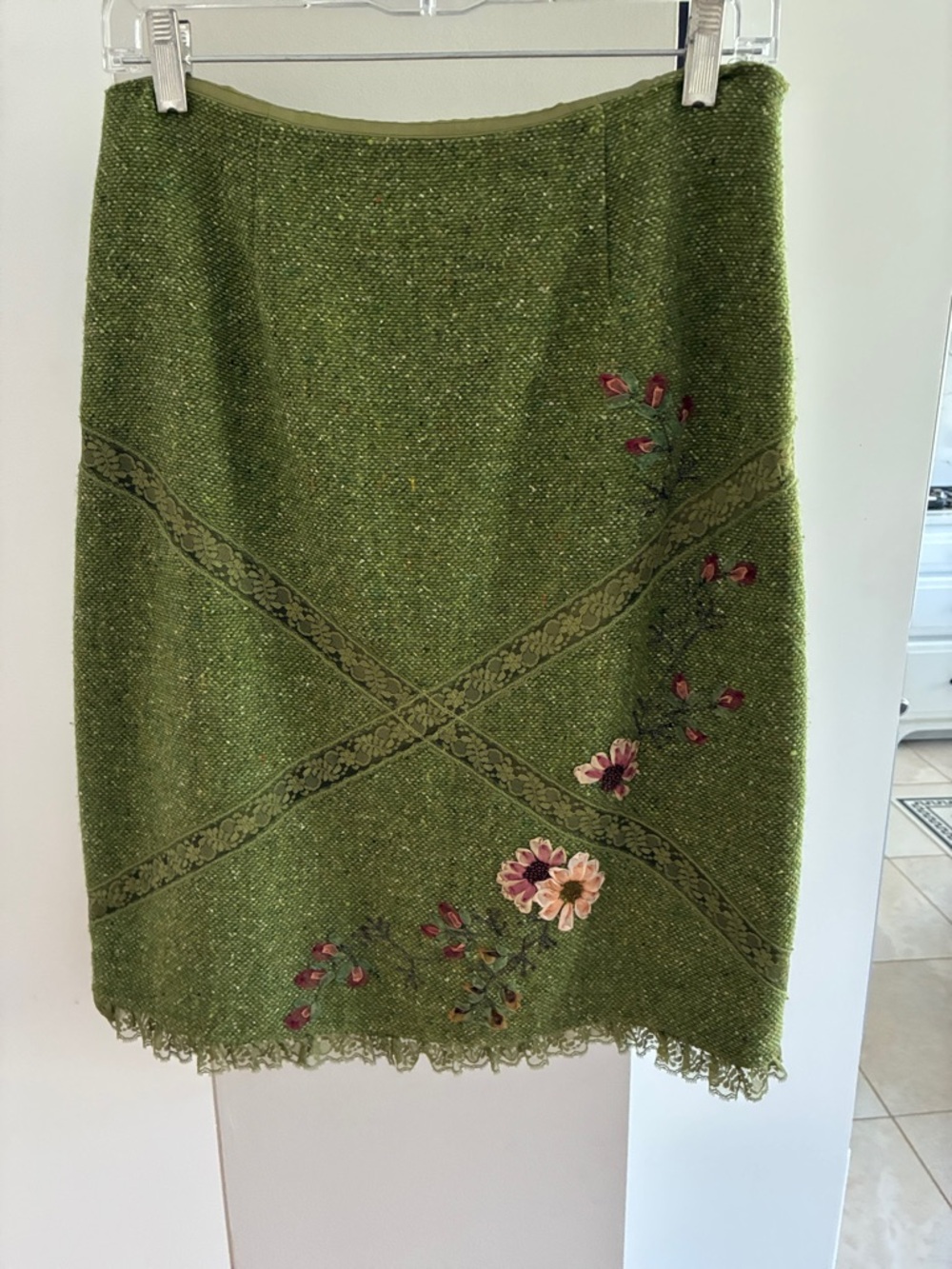 Olive Green Embroidered Tweed Women's Skirt
